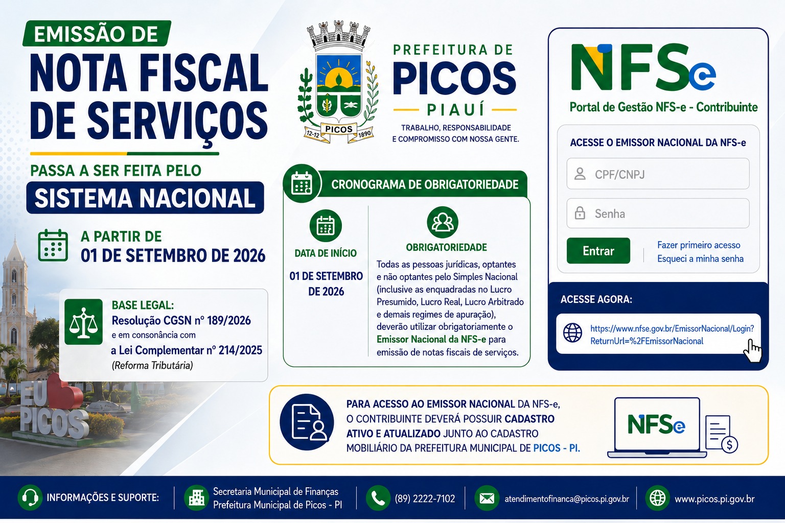Emissão de Nota Fiscal de Serviços passa a ser feita pelo Sistema Nacional a partir de 01 de setembro de 2026 - Prefeitura de Picos